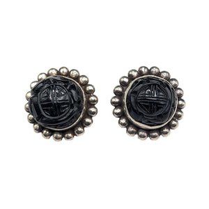 Unsigned Stephen Dweck Sterling Silver Carved Black Shao Design Clip On Earrings